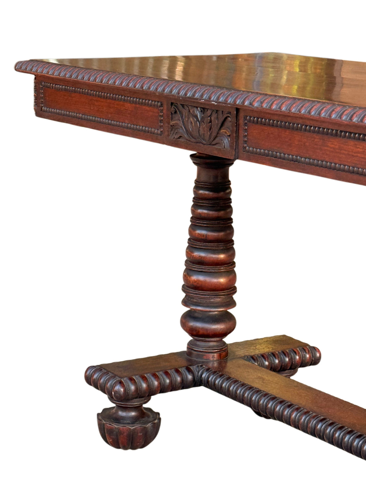 Rosewood library table end support: baluster and ring-turned column below the beaded frieze
