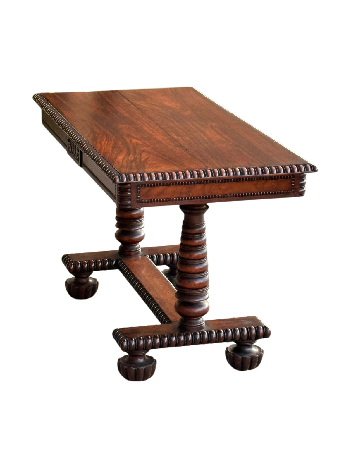 Anglo-Indian rosewood library centre table from above, showing the figured solid rosewood top