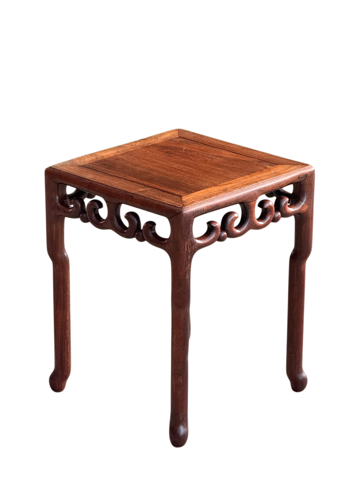 Antique Chinese rosewood square side table with ruyi scroll apron and hoof feet