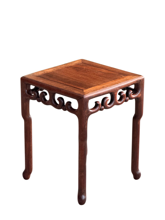 Antique Chinese rosewood square side table with ruyi scroll apron and hoof feet