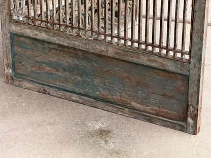 Close-up of distressed blue painted lower panel, reverse of screen