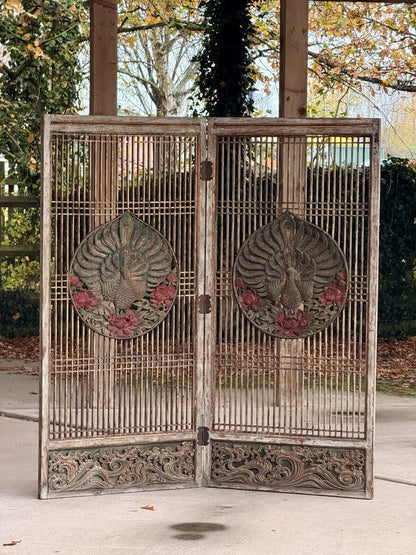 Antique two-panel peacock lattice screen, full front view