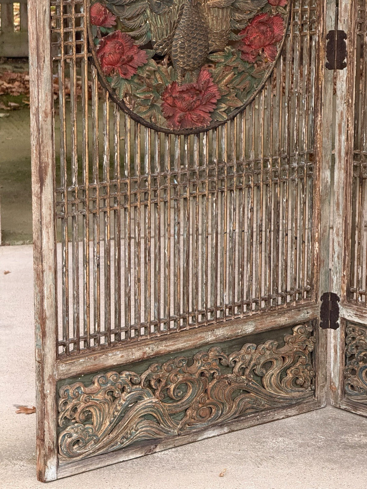 Lattice screen panel, carved wave base and hinge, left side
