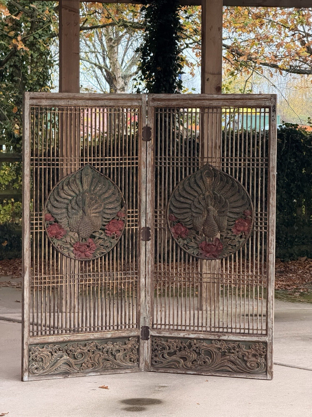 Antique carved peacock lattice room divider, front view