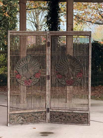 Antique carved peacock lattice room divider, front view