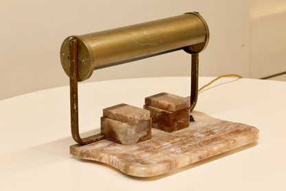 Art Deco alabaster and brass desk lamp with tubular brass shade and twin alabaster inkwells