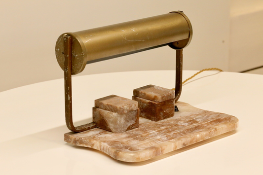 Art Deco alabaster and brass desk lamp with tubular brass shade and twin alabaster inkwells