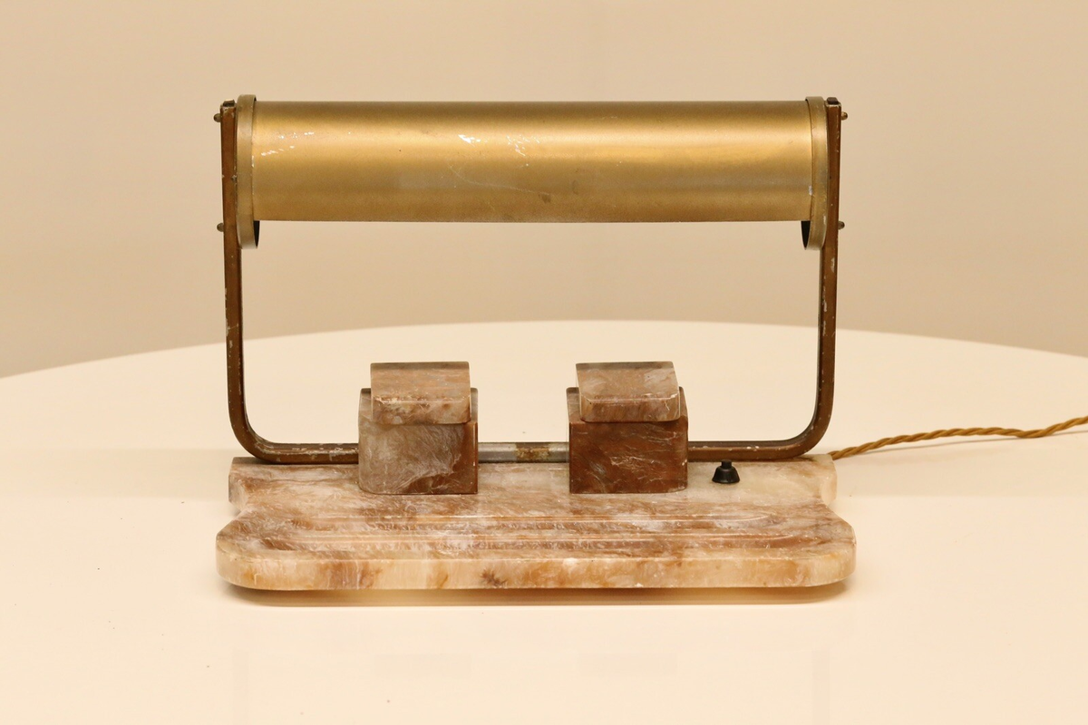Art Deco alabaster and brass desk lamp with ink stand, front view