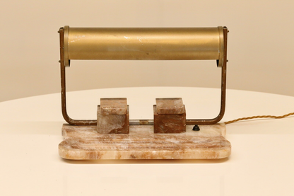 Art Deco alabaster and brass desk lamp with ink stand, front view