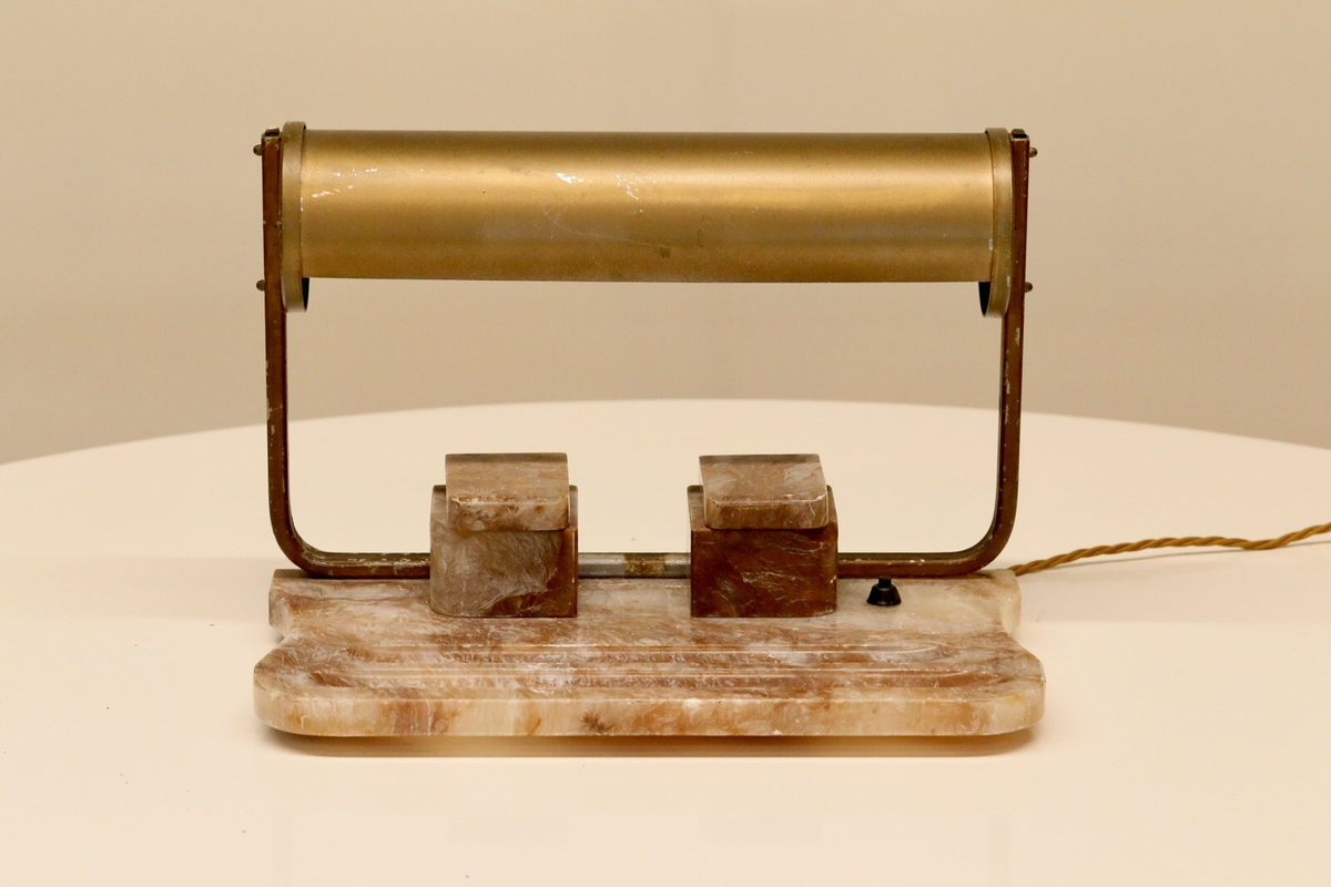 Art Deco alabaster ink stand lamp, front view