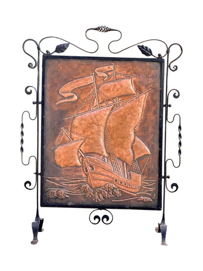 Newlyn School repoussé copper and wrought iron fire screen, front view
