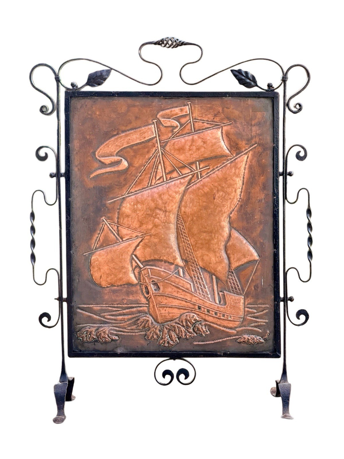 Arts & Crafts copper galleon fire screen, full front view