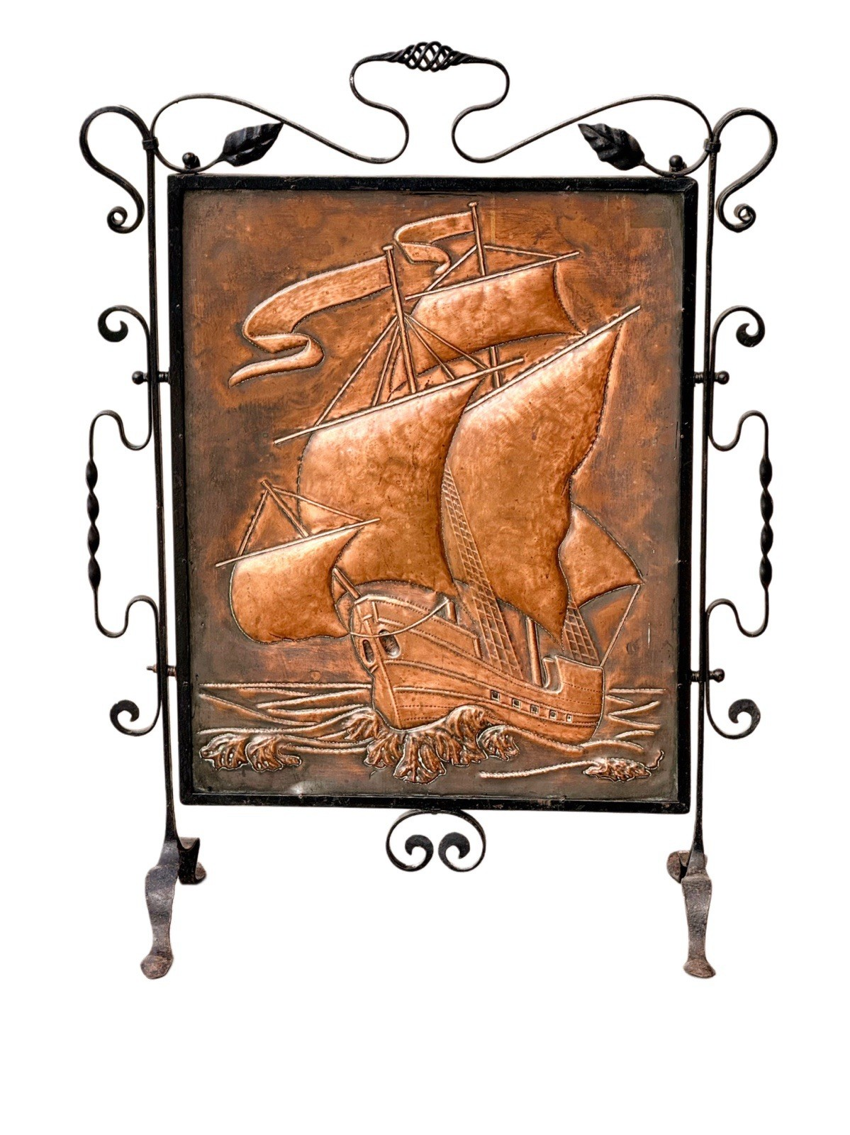 Arts & Crafts Newlyn School wrought iron fire screen with repoussé copper galleon panel, manner of John Pearson