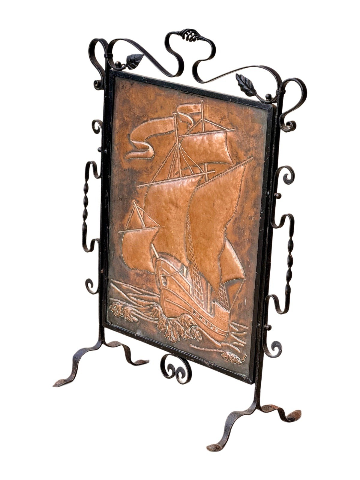 Newlyn School copper galleon fire screen, three-quarter view