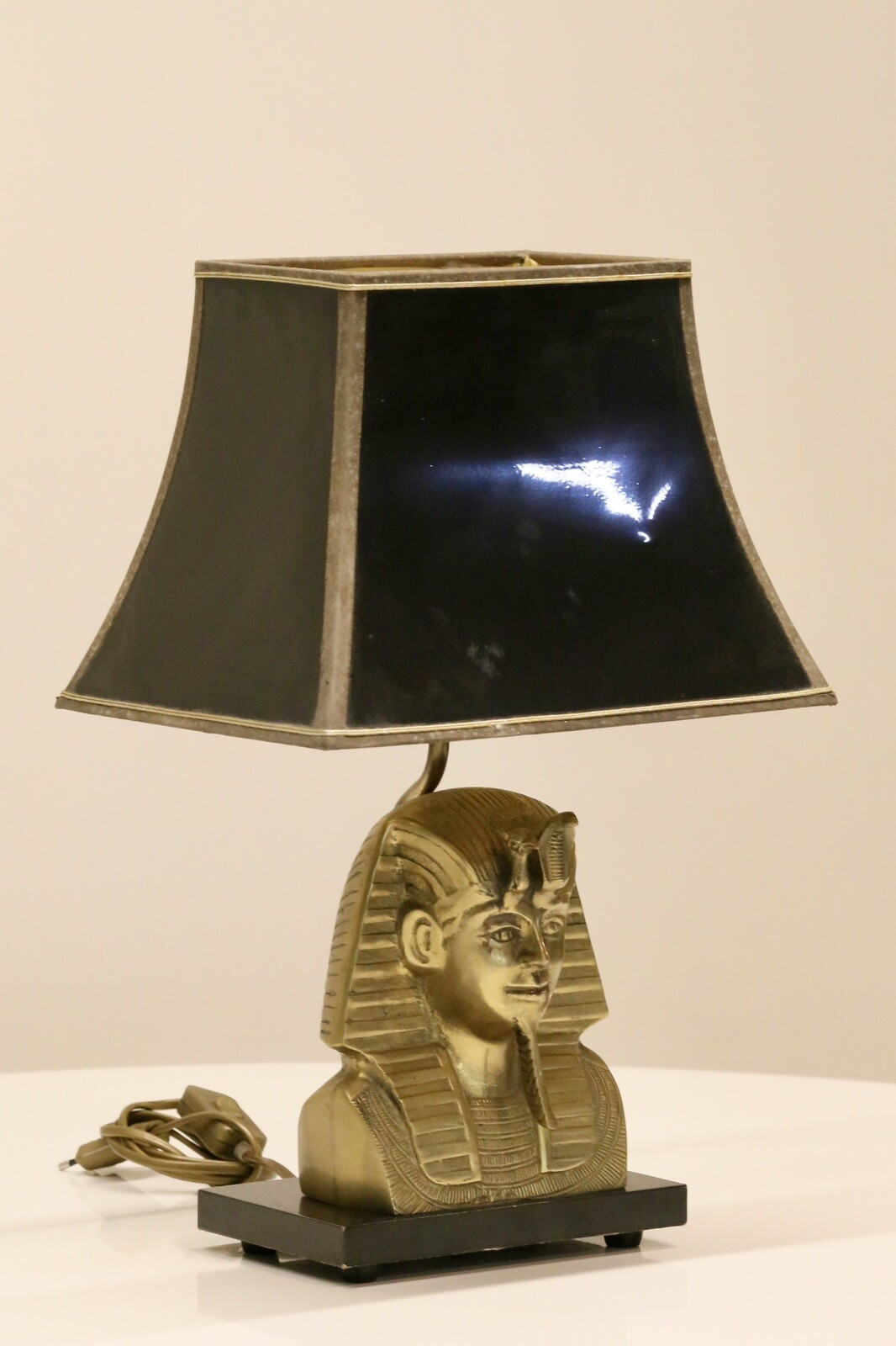 Belgian brass pharaoh lamp with black shade, side view