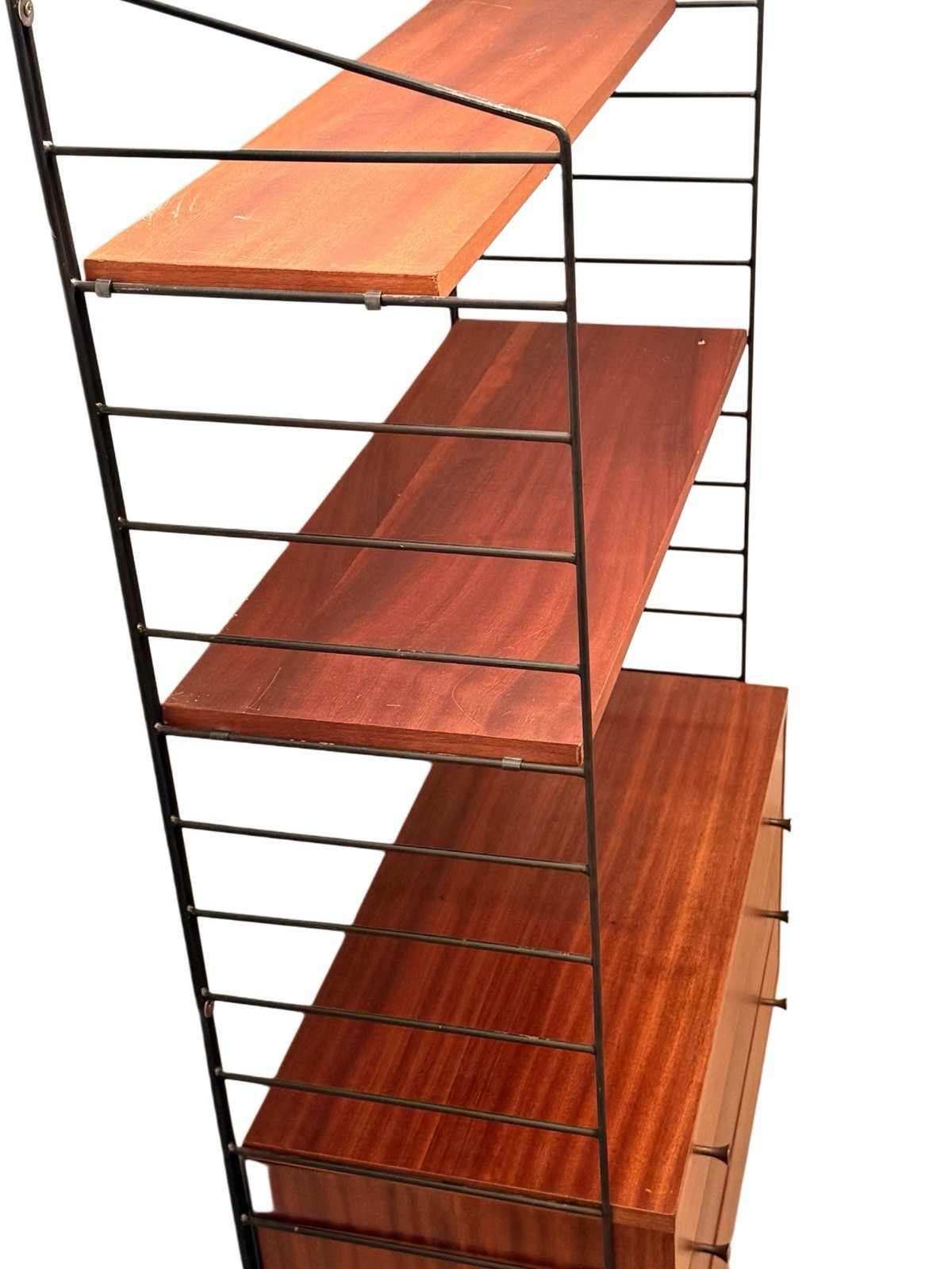Brianco teak shelving unit, view from below of shelves and drawers