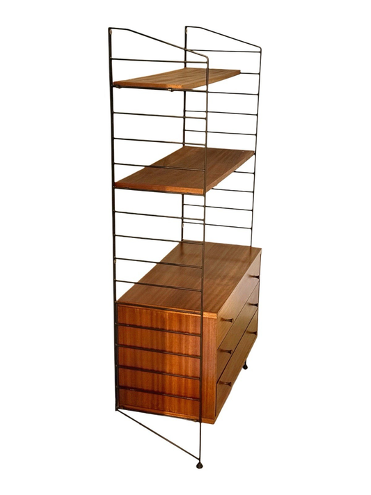 Brianco teak and black metal ladder shelving wall unit with two shelves and a four-drawer chest
