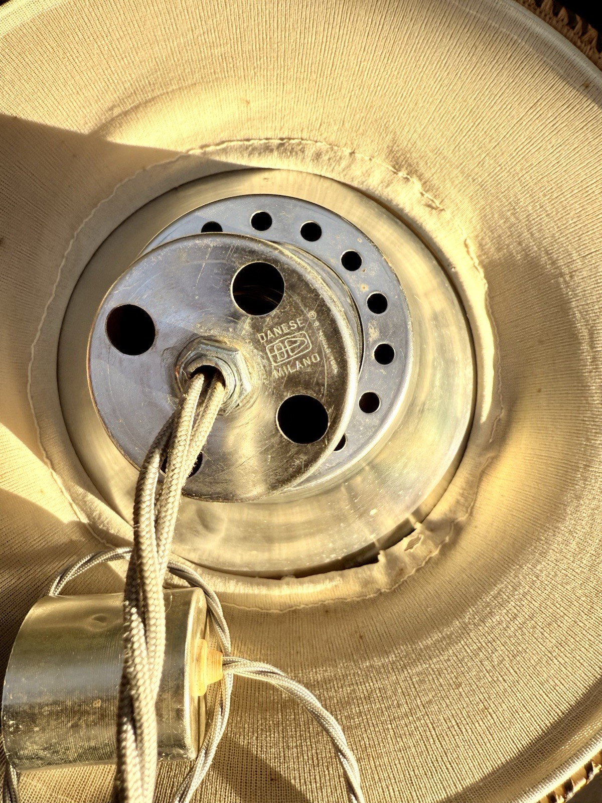Inside the Falkland shade, perforated aluminium cap and fabric cable