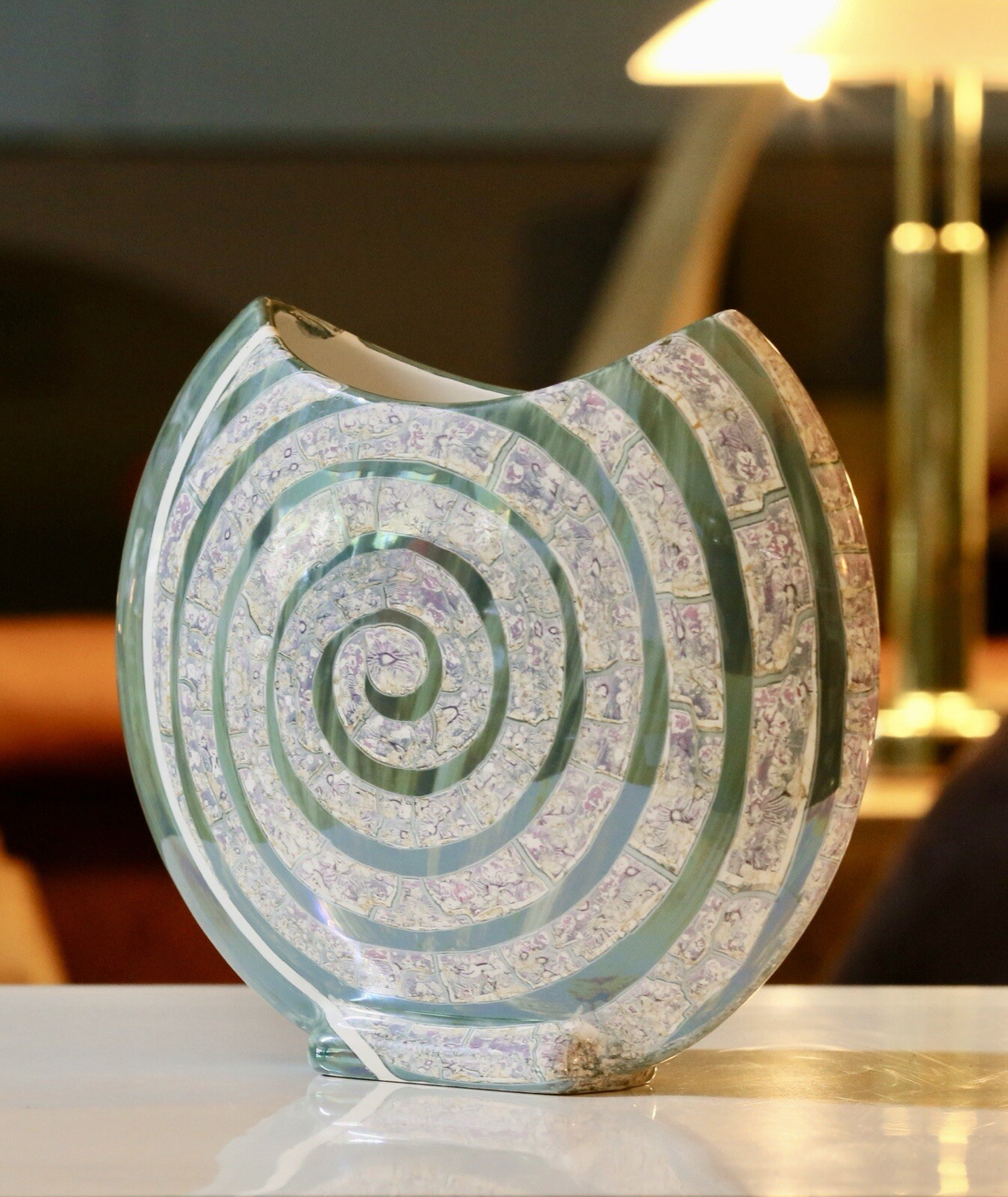 Costa Ceramiche D'Arte Gandria ceramic moon vase with green spiral snail decoration and lustre glaze