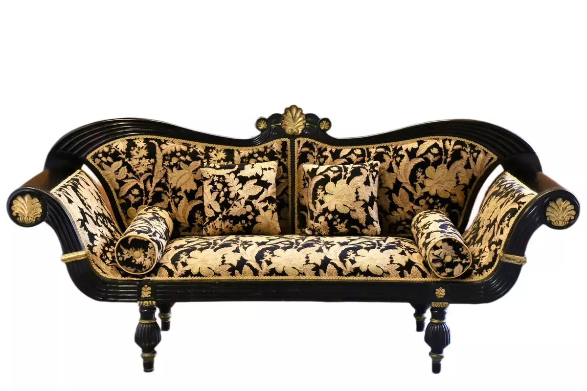 Antique Empire Regency carved ebonised double-ended couch with gilt anthemion roundels and black and gold damask upholstery