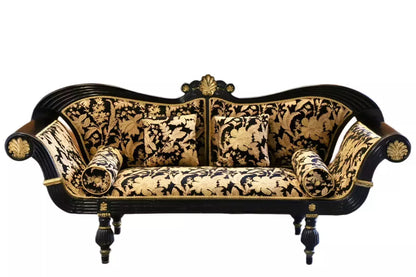 Antique Empire Regency carved ebonised double-ended couch with gilt anthemion roundels and black and gold damask upholstery