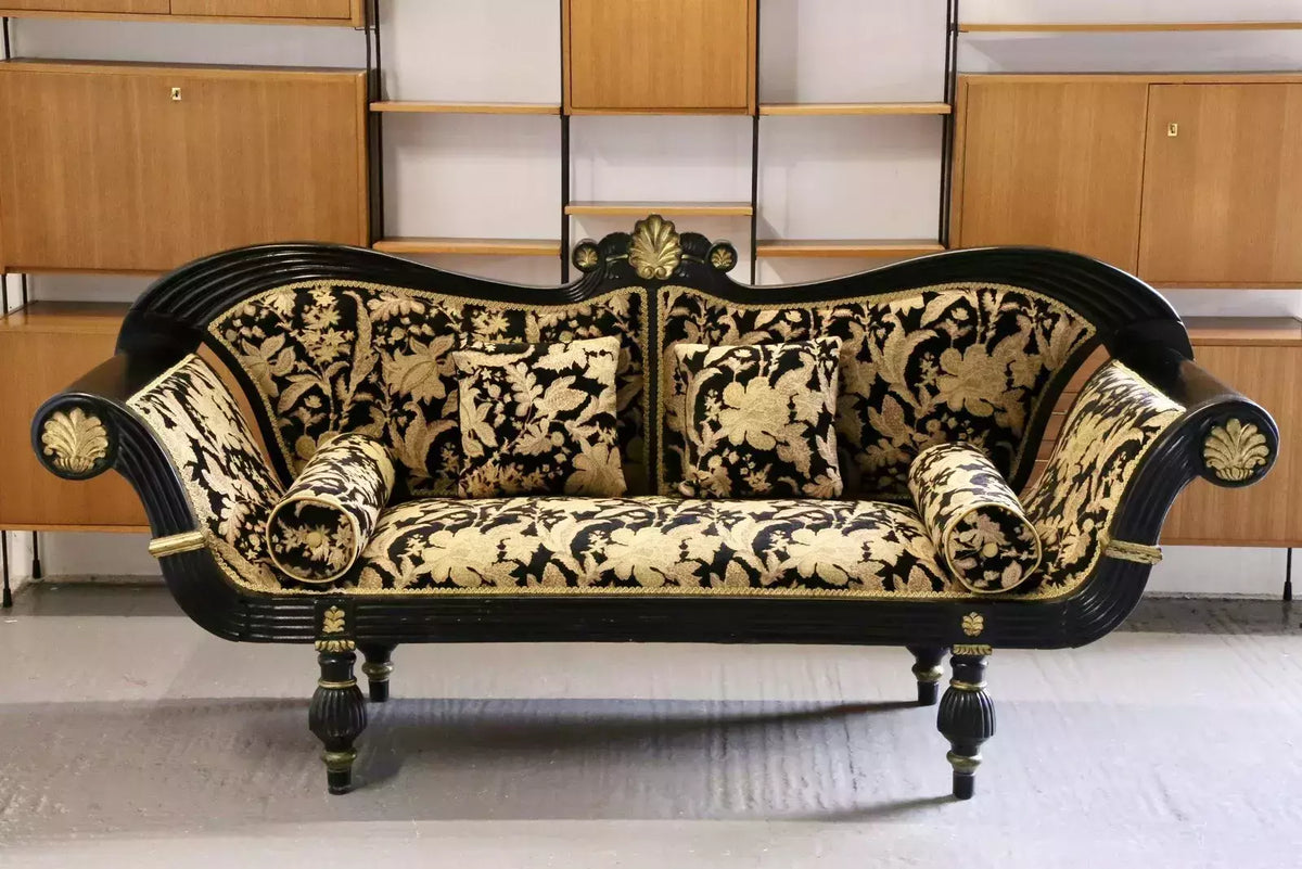 Empire Regency ebonised double-ended couch, front view with cushions
