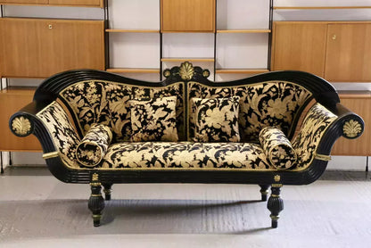 Empire Regency ebonised double-ended couch, front view with cushions