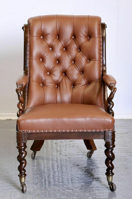 William IV rosewood barley twist leather armchair, front view