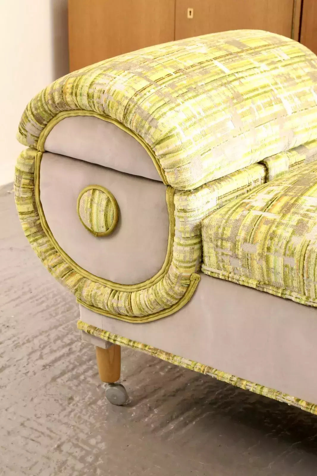 Close-up of rolled end with oval panel, Relyon daybed ottoman
