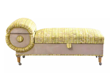 Relyon British mid-century daybed ottoman with lift-up storage seat and rolled end in Osborne & Little fabric