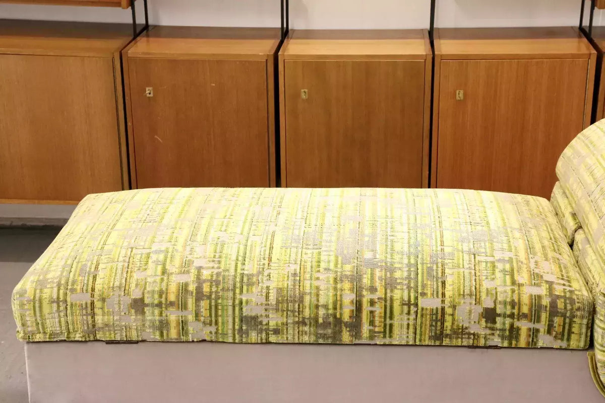 Close-up of Osborne & Little fabric seat on the Relyon ottoman