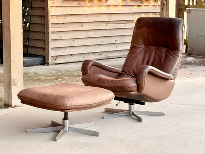 De Sede S231 brown leather lounge chair and ottoman, side view outdoors