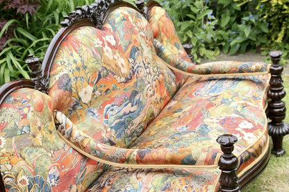 Close-up of Osborne & Little patterned seat and back, Victorian conversation seat