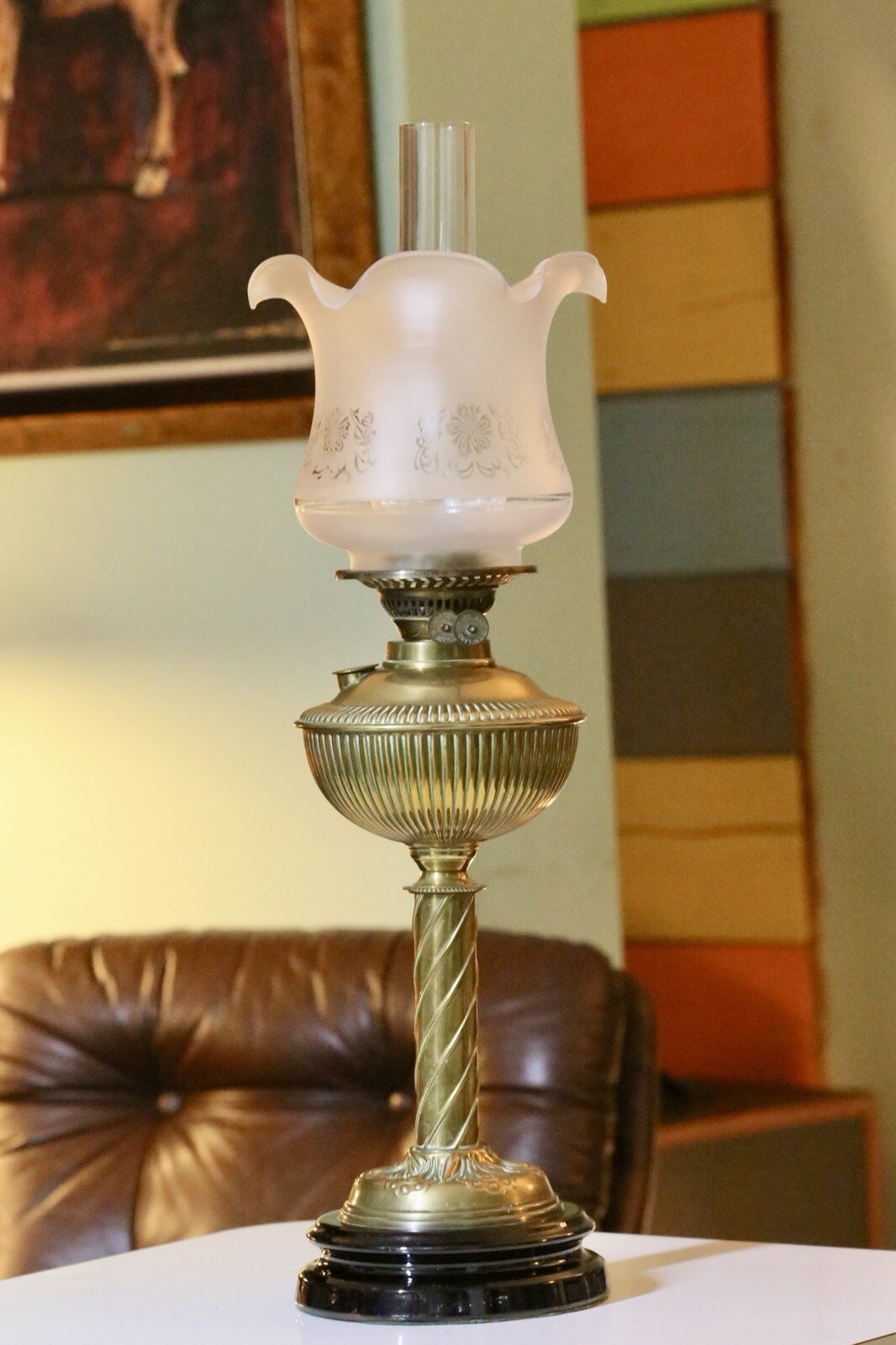 Victorian Art Nouveau brass oil lamp, front view