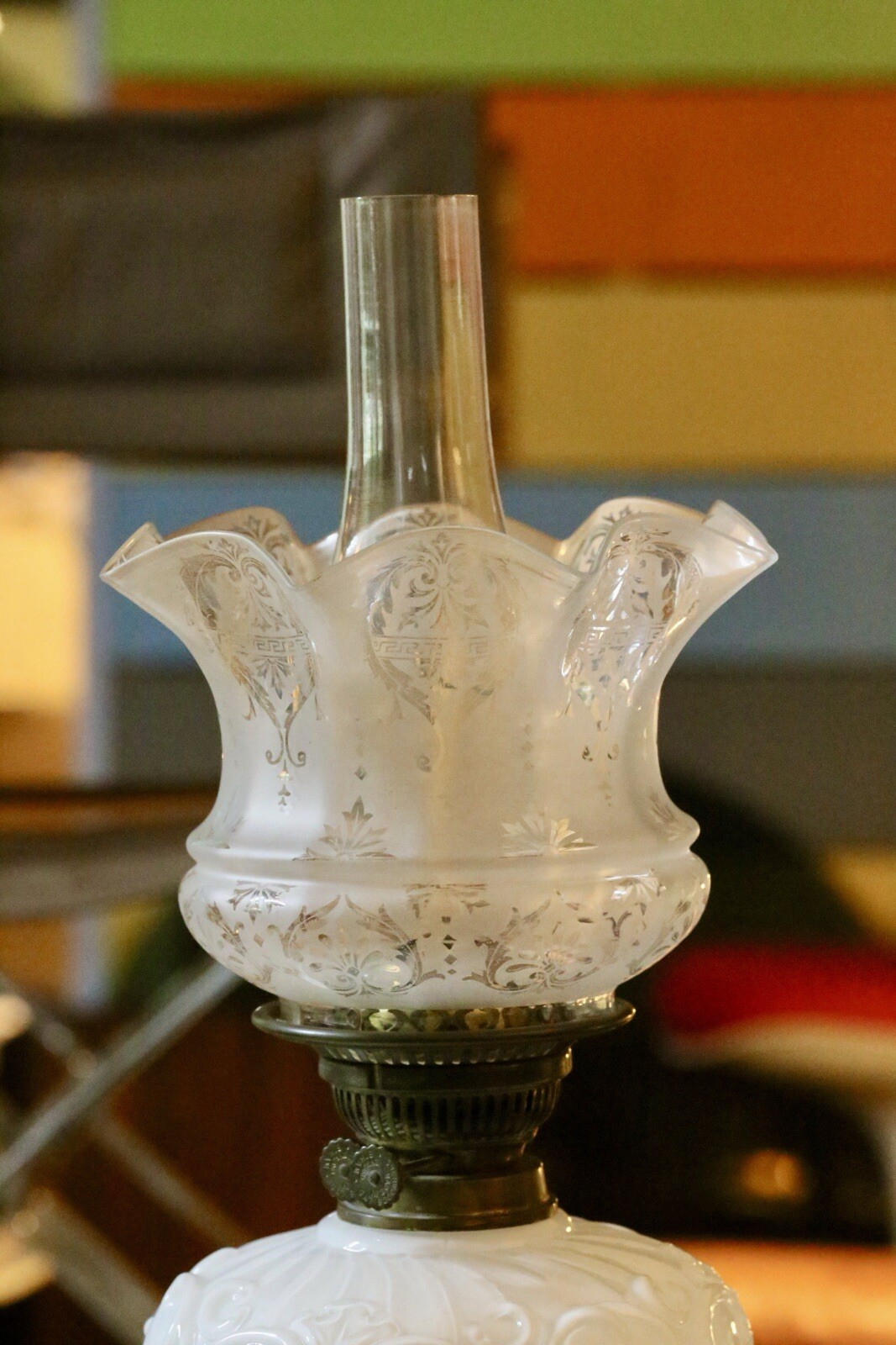 Close-up of etched frosted glass tulip shade