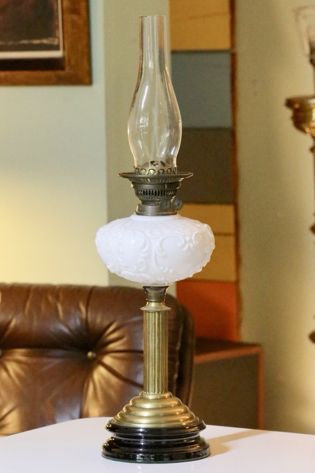 Victorian brass oil lamp with milk glass reservoir with clear chimney only