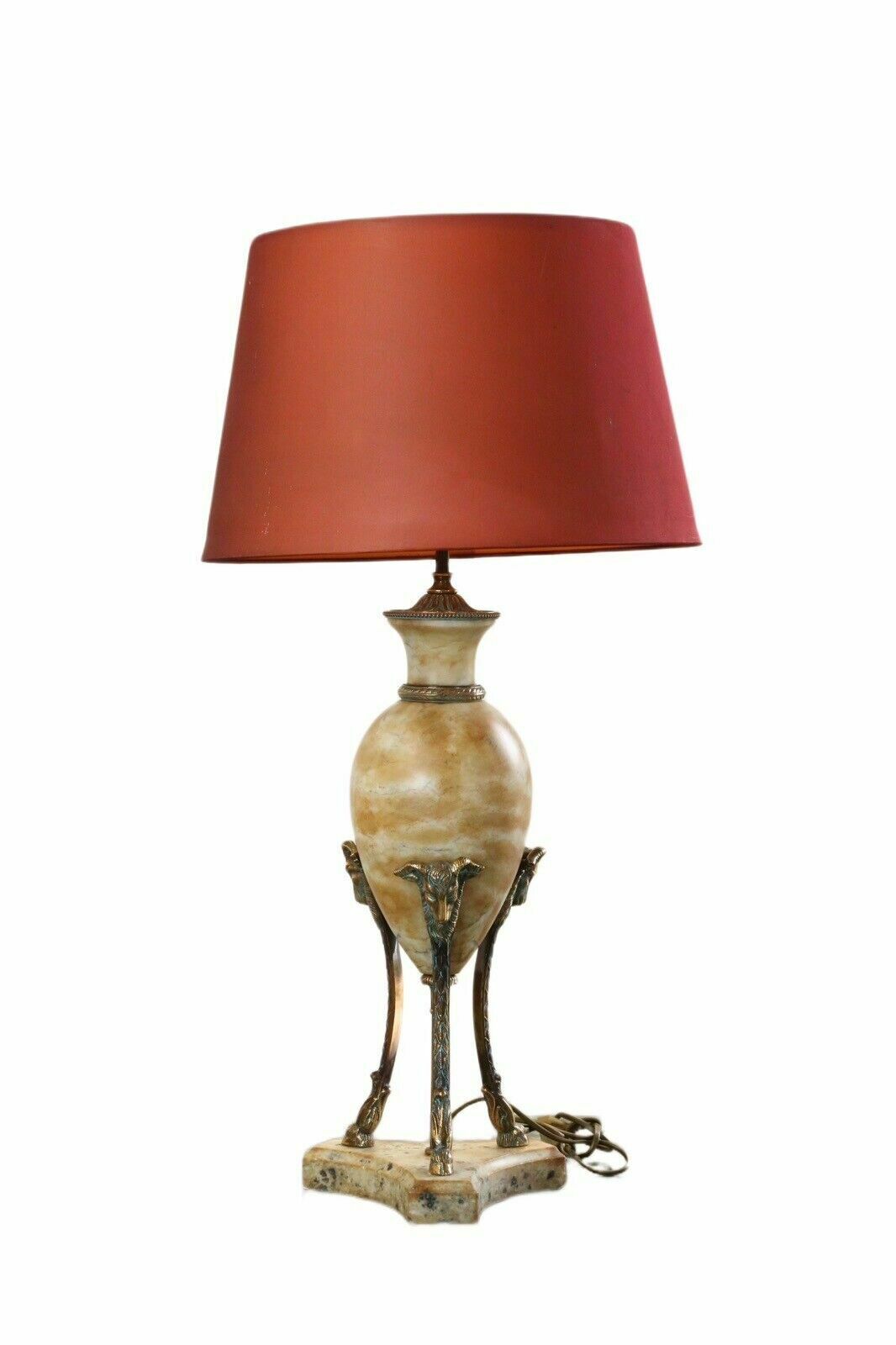 Louis XVI style alabaster and brass table lamp with red shade, full view