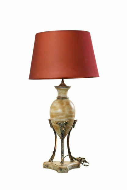Louis XVI style alabaster and brass table lamp with red shade, full view