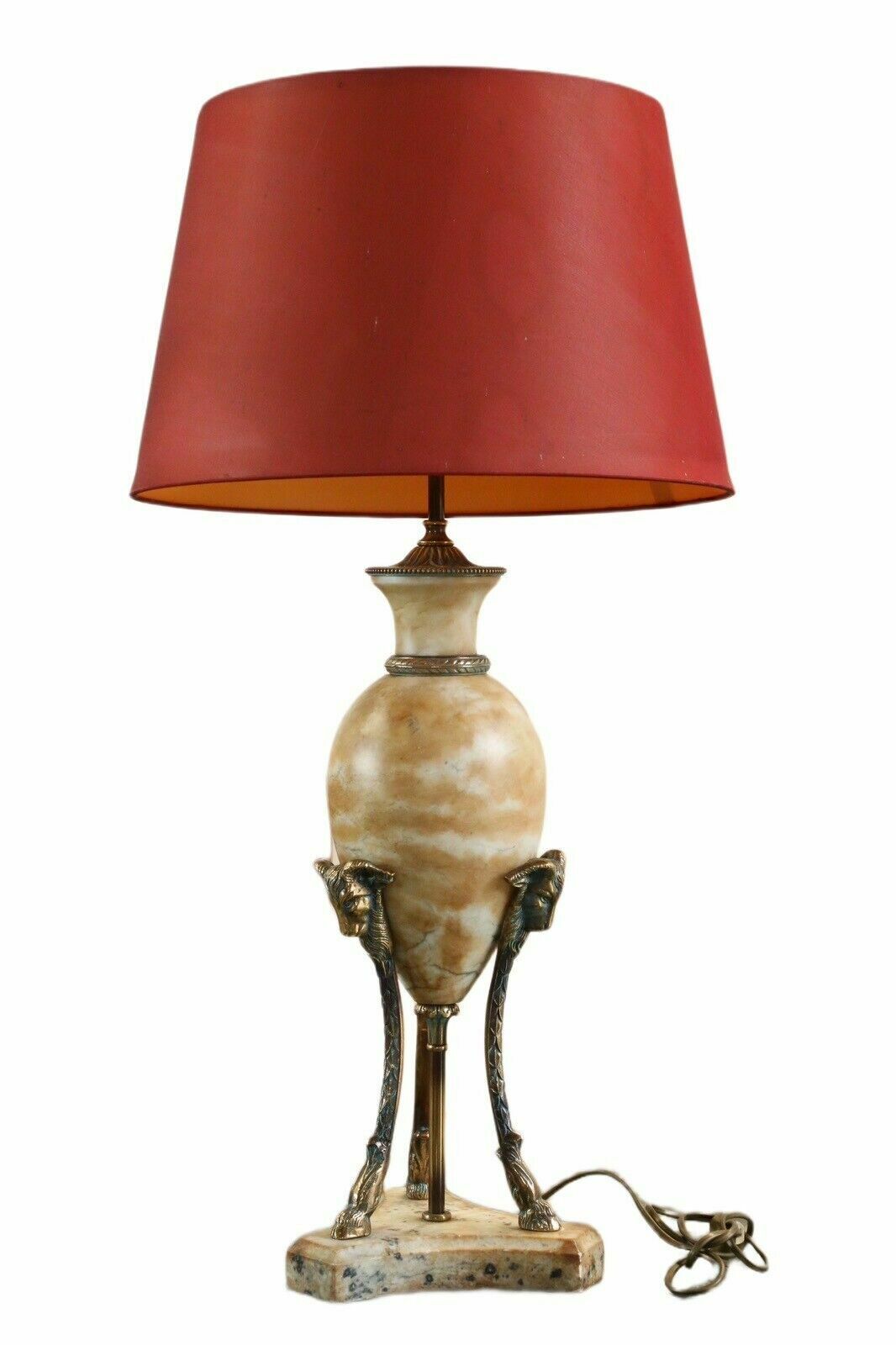 Louis XVI style alabaster and brass table lamp with red shade, side view