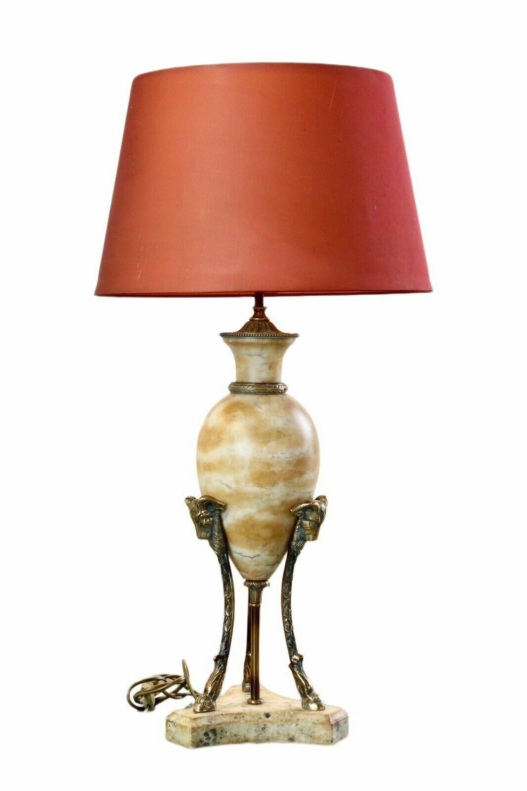 Louis XVI style alabaster and brass table lamp with red shade, front view