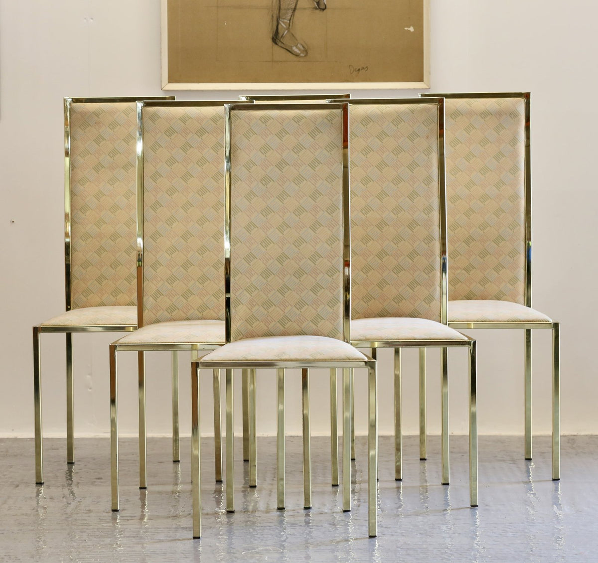 Set of six Renato Zevi Italian Hollywood Regency gilt lacquer dining chairs with patterned upholstery