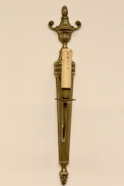 French neoclassical brass wall sconce, side profile