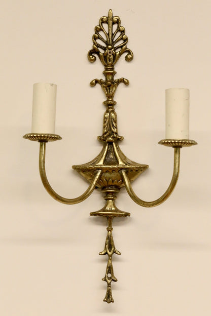French Empire gilt brass double sconce with anthemion crest, urn body, scrolled arms and drop finial, H65cm