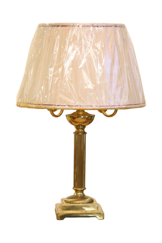 Vintage brass candelabrum table lamp with fluted column, scrolled arms, square stepped base and pleated shade