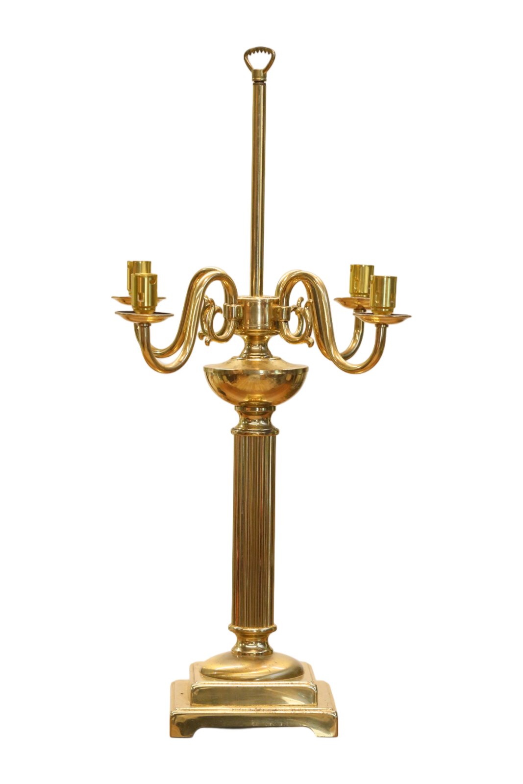 Vintage brass candelabrum table lamp without shade, full view