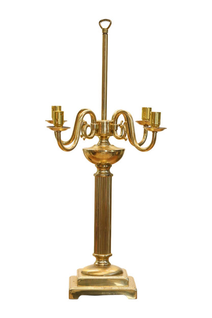 Vintage brass candelabrum table lamp without shade, full view
