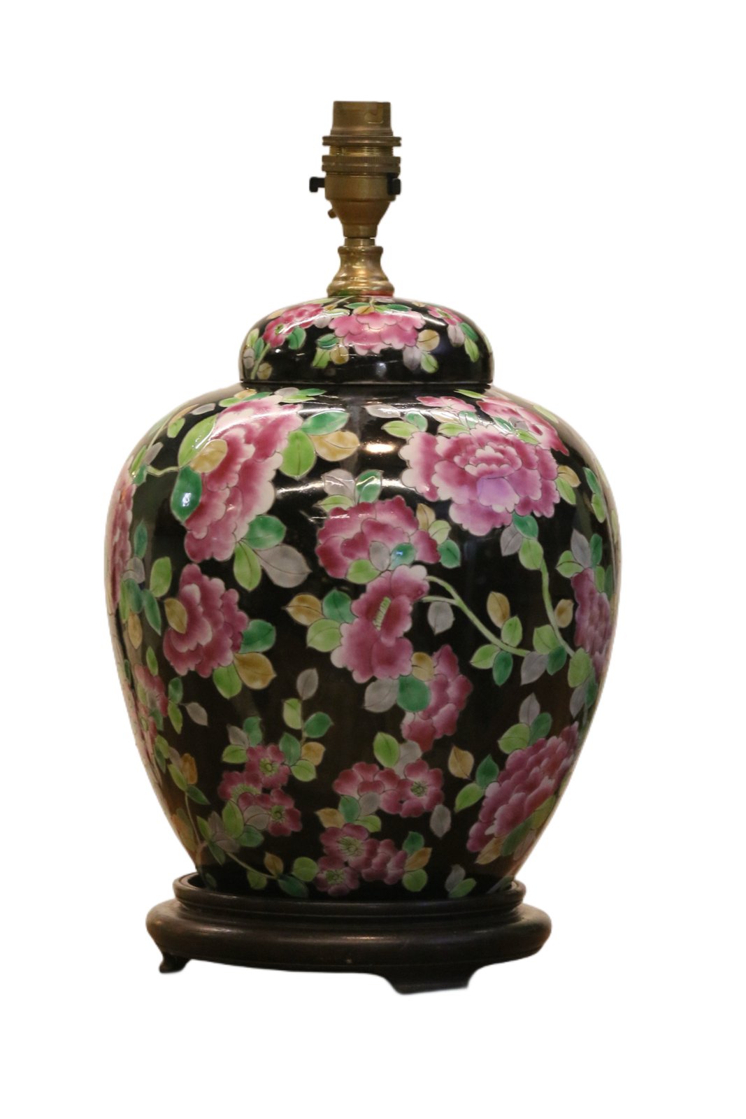 Chinese black ground floral porcelain lamp base, front view