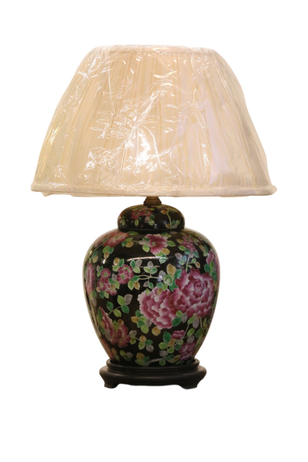 Chinese porcelain floral table lamp with cream pleated shade