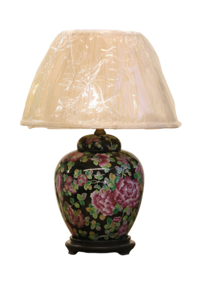 Chinese porcelain floral table lamp with cream pleated shade