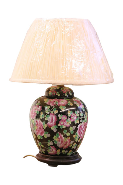 Chinese porcelain floral table lamp with cream shade, studio view